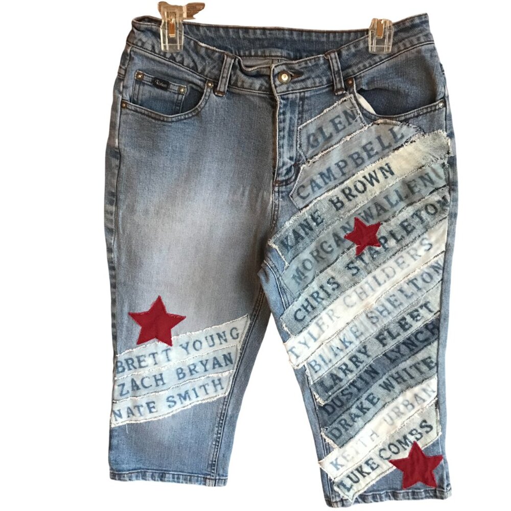 Upcycled Patchwork Capris, Reverse Bleached Country Artists Patches Size 12P